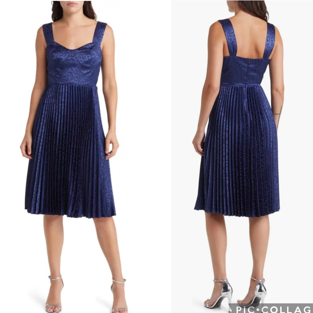Mila Mae Satin Pleated‎ Midi Dress Navy Blue S